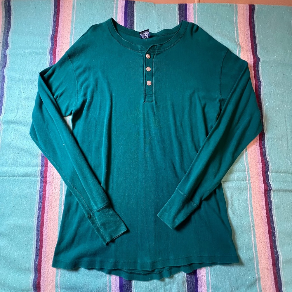 Duofold Henley Shirt Mens XL Green Long Sleeve Cotton Ribbed Knit Top